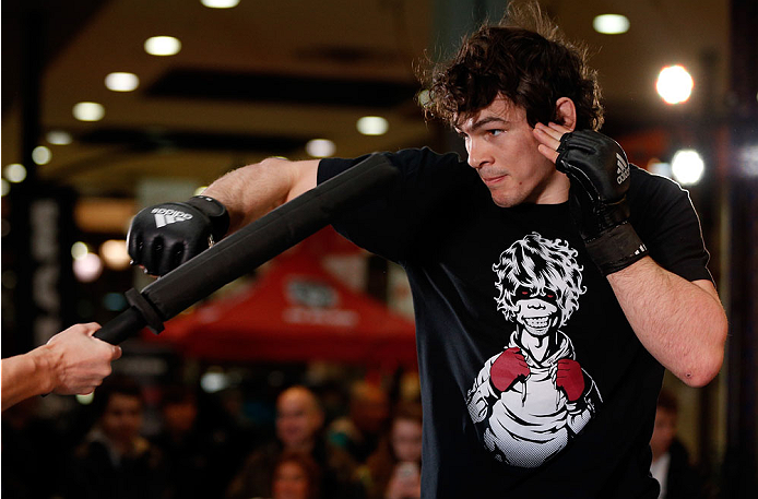 QUEBEC CITY, CANADA - APRIL 13: Olivier Aubin-Mercier holds an open training session for fans and media at the Centre Commercial Place Fleur de Lys on April 13, 2014 in Quebec City, Quebec, Canada. (Photo by Josh Hedges/Zuffa LLC/Zuffa LLC via Getty Imag