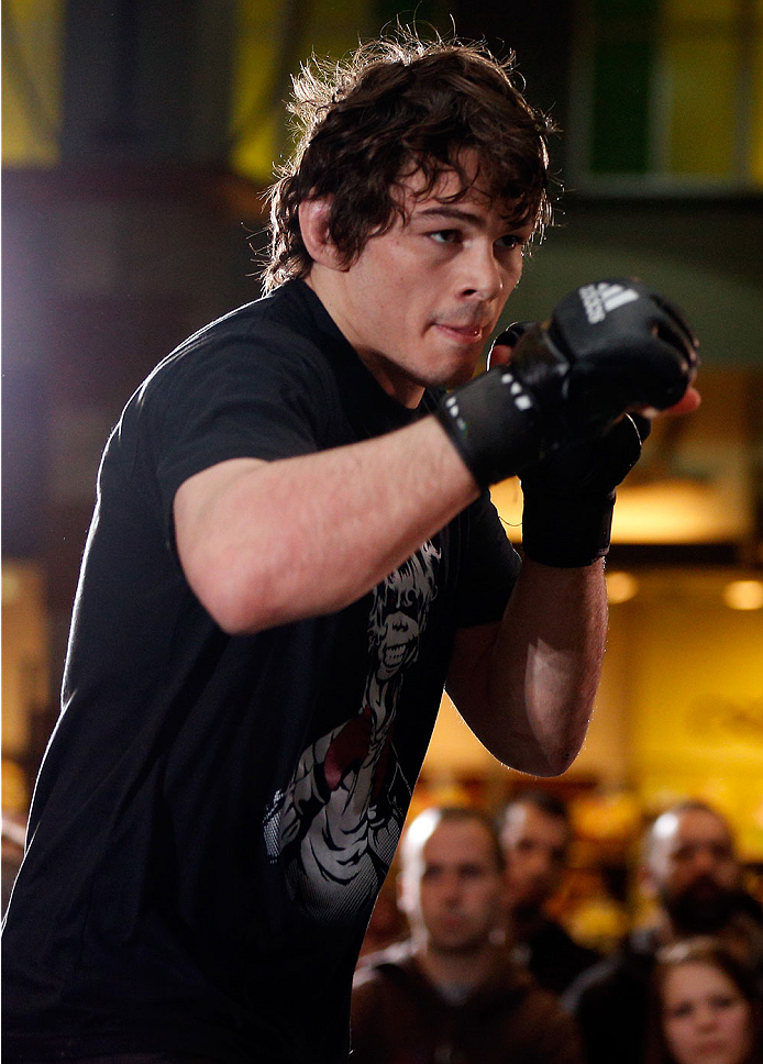 QUEBEC CITY, CANADA - APRIL 13: Olivier Aubin-Mercier holds an open training session for fans and media at the Centre Commercial Place Fleur de Lys on April 13, 2014 in Quebec City, Quebec, Canada. (Photo by Josh Hedges/Zuffa LLC/Zuffa LLC via Getty Imag