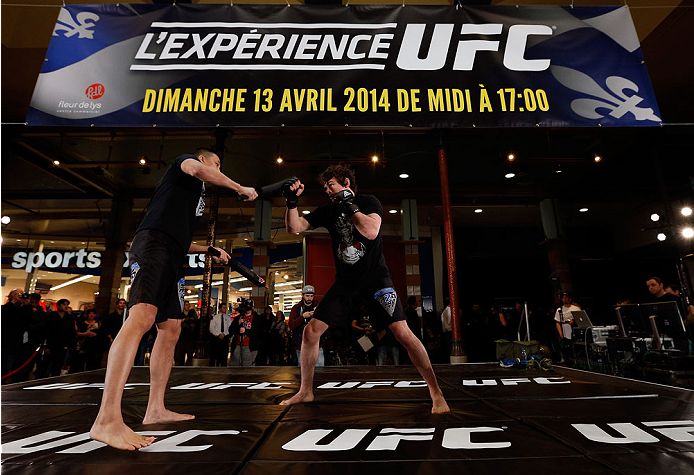 QUEBEC CITY, CANADA - APRIL 13: Olivier Aubin-Mercier holds an open training session for fans and media at the Centre Commercial Place Fleur de Lys on April 13, 2014 in Quebec City, Quebec, Canada. (Photo by Josh Hedges/Zuffa LLC/Zuffa LLC via Getty Imag