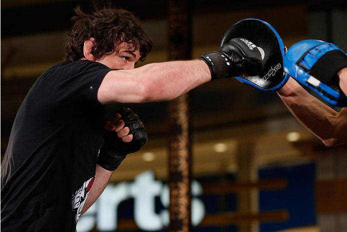 QUEBEC CITY, CANADA - APRIL 13: Olivier Aubin-Mercier holds an open training session for fans and media at the Centre Commercial Place Fleur de Lys on April 13, 2014 in Quebec City, Quebec, Canada. (Photo by Josh Hedges/Zuffa LLC/Zuffa LLC via Getty Imag