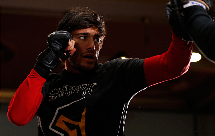 QUEBEC CITY, CANADA - APRIL 13: Elias Theodorou holds an open training session for fans and media at the Centre Commercial Place Fleur de Lys on April 13, 2014 in Quebec City, Quebec, Canada. (Photo by Josh Hedges/Zuffa LLC/Zuffa LLC via Getty Images)