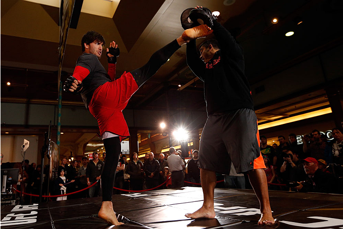 QUEBEC CITY, CANADA - APRIL 13: Elias Theodorou holds an open training session for fans and media at the Centre Commercial Place Fleur de Lys on April 13, 2014 in Quebec City, Quebec, Canada. (Photo by Josh Hedges/Zuffa LLC/Zuffa LLC via Getty Images)