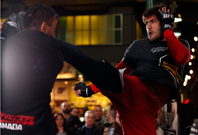 QUEBEC CITY, CANADA - APRIL 13: Elias Theodorou holds an open training session for fans and media at the Centre Commercial Place Fleur de Lys on April 13, 2014 in Quebec City, Quebec, Canada. (Photo by Josh Hedges/Zuffa LLC/Zuffa LLC via Getty Images)