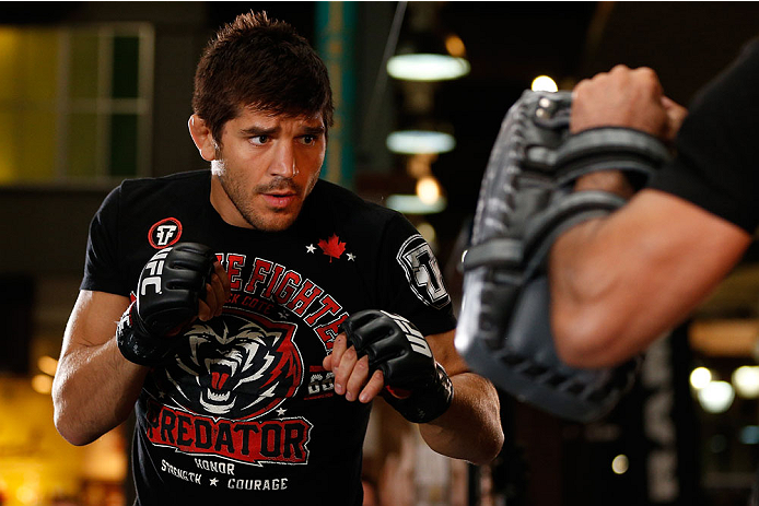 QUEBEC CITY, CANADA - APRIL 13: Patrick Cote holds an open training session for fans and media at the Centre Commercial Place Fleur de Lys on April 13, 2014 in Quebec City, Quebec, Canada. (Photo by Josh Hedges/Zuffa LLC/Zuffa LLC via Getty Images)
