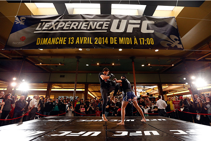 QUEBEC CITY, CANADA - APRIL 13: Patrick Cote holds an open training session for fans and media at the Centre Commercial Place Fleur de Lys on April 13, 2014 in Quebec City, Quebec, Canada. (Photo by Josh Hedges/Zuffa LLC/Zuffa LLC via Getty Images)