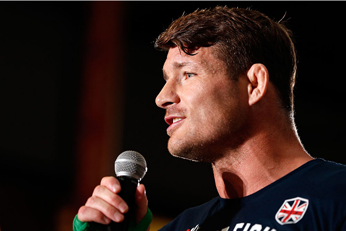 QUEBEC CITY, CANADA - APRIL 13: Michael Bisping interacts with the audience after an open training session for fans and media at the Centre Commercial Place Fleur de Lys on April 13, 2014 in Quebec City, Quebec, Canada. (Photo by Josh Hedges/Zuffa LLC/Zu
