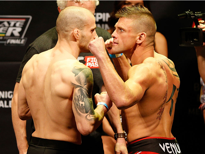 QUEBEC CITY, CANADA - APRIL 15: (L-R) Opponents Mitch Gagnon and Tim Gorman face off during the TUF Nations Finale weigh-in at Colisee Pepsi on April 15, 2014 in Quebec City, Quebec, Canada. (Photo by Josh Hedges/Zuffa LLC/Zuffa LLC via Getty Images)