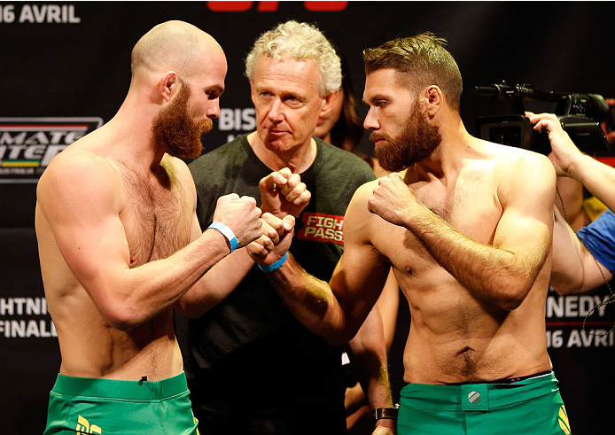QUEBEC CITY, CANADA - APRIL 15: (L-R) Opponents Richard Walsh and Chris Indich face off during the TUF Nations Finale weigh-in at Colisee Pepsi on April 15, 2014 in Quebec City, Quebec, Canada. (Photo by Josh Hedges/Zuffa LLC/Zuffa LLC via Getty Images)