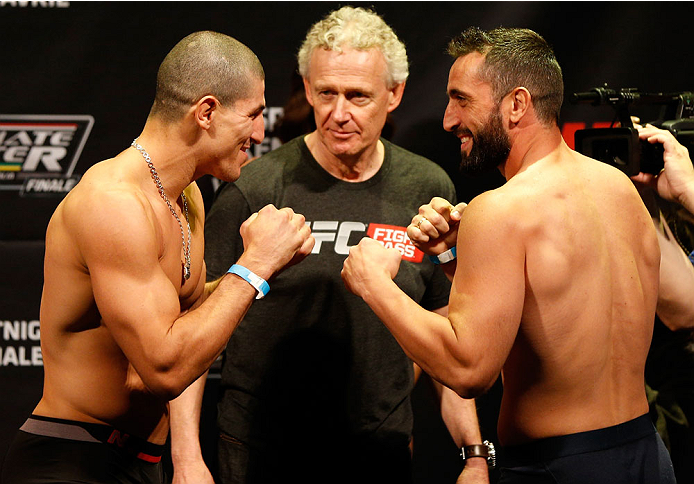 QUEBEC CITY, CANADA - APRIL 15: (L-R) Opponents Nordine Taleb and Vik Grujic face off during the TUF Nations Finale weigh-in at Colisee Pepsi on April 15, 2014 in Quebec City, Quebec, Canada. (Photo by Josh Hedges/Zuffa LLC/Zuffa LLC via Getty Images)