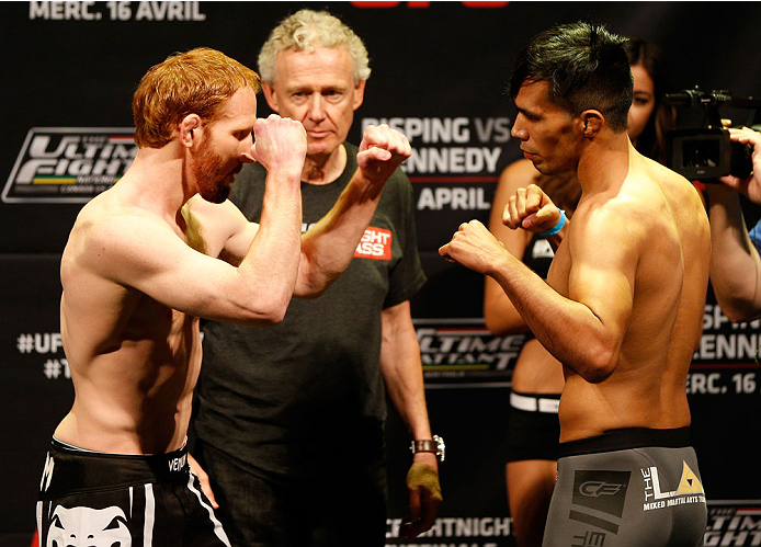 QUEBEC CITY, CANADA - APRIL 15: (L-R) Opponents Mark Bocek and Mike de la Torre face off during the TUF Nations Finale weigh-in at Colisee Pepsi on April 15, 2014 in Quebec City, Quebec, Canada. (Photo by Josh Hedges/Zuffa LLC/Zuffa LLC via Getty Images)