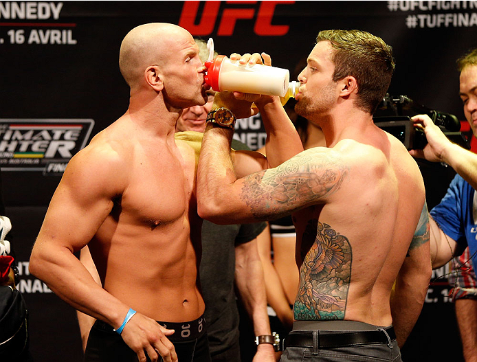 QUEBEC CITY, CANADA - APRIL 15: (L-R) Opponents Ryan Jimmo and Sean O'Connell face off during the TUF Nations Finale weigh-in at Colisee Pepsi on April 15, 2014 in Quebec City, Quebec, Canada. (Photo by Josh Hedges/Zuffa LLC/Zuffa LLC via Getty Images)