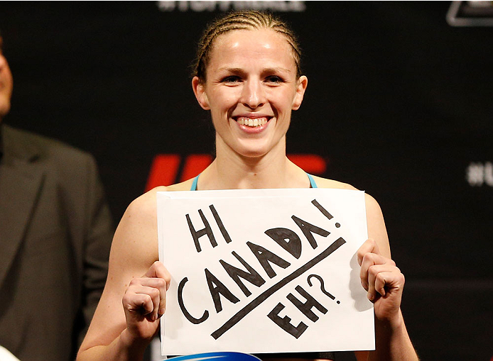 QUEBEC CITY, CANADA - APRIL 15: Sarah Kaufman weighs in during the TUF Nations Finale weigh-in at Colisee Pepsi on April 15, 2014 in Quebec City, Quebec, Canada. (Photo by Josh Hedges/Zuffa LLC/Zuffa LLC via Getty Images)
