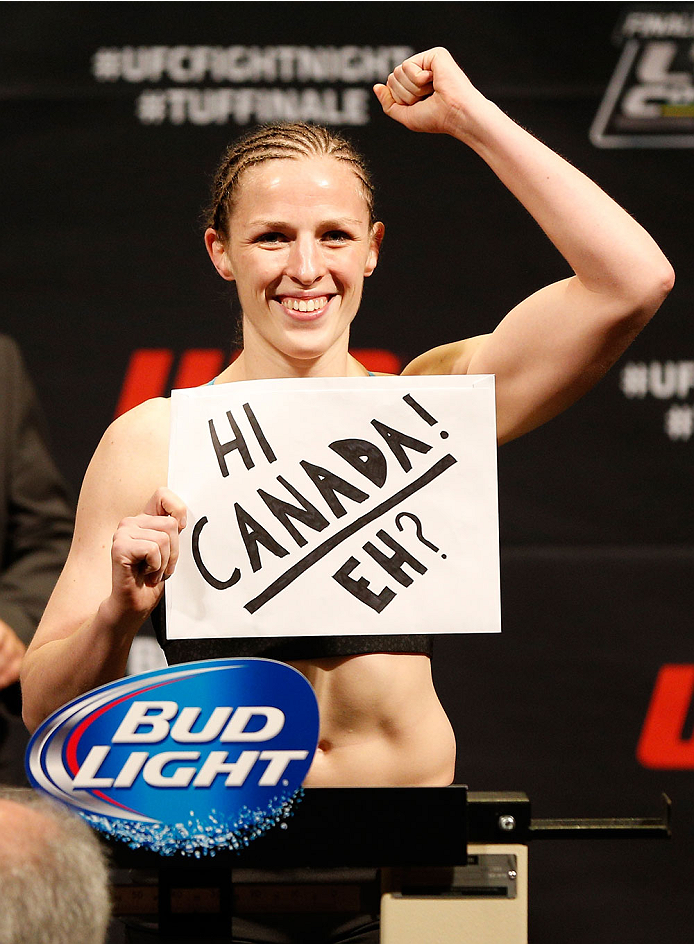 QUEBEC CITY, CANADA - APRIL 15: Sarah Kaufman weighs in during the TUF Nations Finale weigh-in at Colisee Pepsi on April 15, 2014 in Quebec City, Quebec, Canada. (Photo by Josh Hedges/Zuffa LLC/Zuffa LLC via Getty Images)