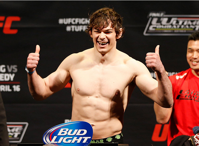 QUEBEC CITY, CANADA - APRIL 15: Olivier Aubin-Mercier weighs in during the TUF Nations Finale weigh-in at Colisee Pepsi on April 15, 2014 in Quebec City, Quebec, Canada. (Photo by Josh Hedges/Zuffa LLC/Zuffa LLC via Getty Images)