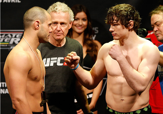 QUEBEC CITY, CANADA - APRIL 15: (L-R) Opponents Chad Laprise and Olivier Aubin-Mercier face off during the TUF Nations Finale weigh-in at Colisee Pepsi on April 15, 2014 in Quebec City, Quebec, Canada. (Photo by Josh Hedges/Zuffa LLC/Zuffa LLC via Getty