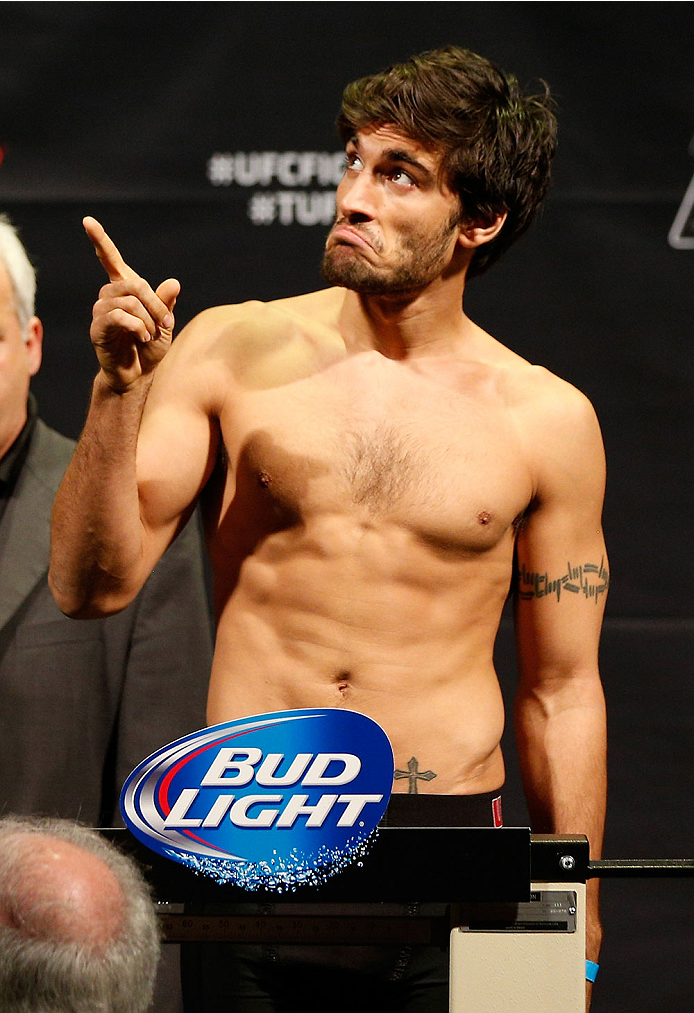 QUEBEC CITY, CANADA - APRIL 15: Elias Theodorou weighs in during the TUF Nations Finale weigh-in at Colisee Pepsi on April 15, 2014 in Quebec City, Quebec, Canada. (Photo by Josh Hedges/Zuffa LLC/Zuffa LLC via Getty Images)