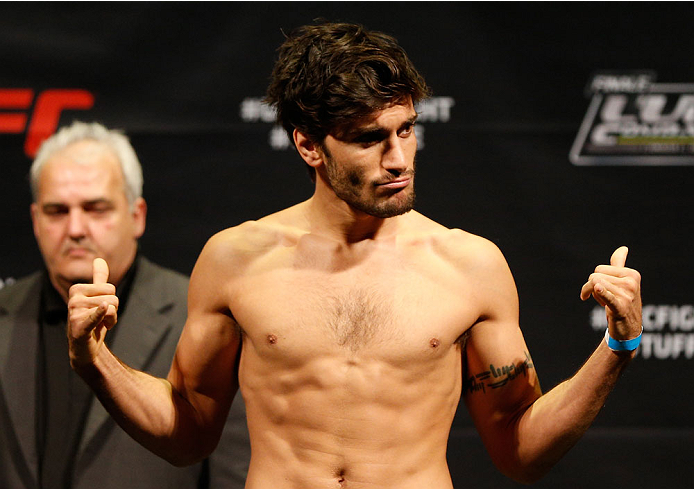 QUEBEC CITY, CANADA - APRIL 15: Elias Theodorou weighs in during the TUF Nations Finale weigh-in at Colisee Pepsi on April 15, 2014 in Quebec City, Quebec, Canada. (Photo by Josh Hedges/Zuffa LLC/Zuffa LLC via Getty Images)