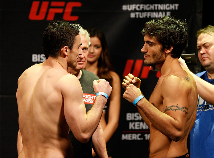 QUEBEC CITY, CANADA - APRIL 15: (L-R) Opponents Sheldon Wescott and Elias Theodorou face off during the TUF Nations Finale weigh-in at Colisee Pepsi on April 15, 2014 in Quebec City, Quebec, Canada. (Photo by Josh Hedges/Zuffa LLC/Zuffa LLC via Getty Ima
