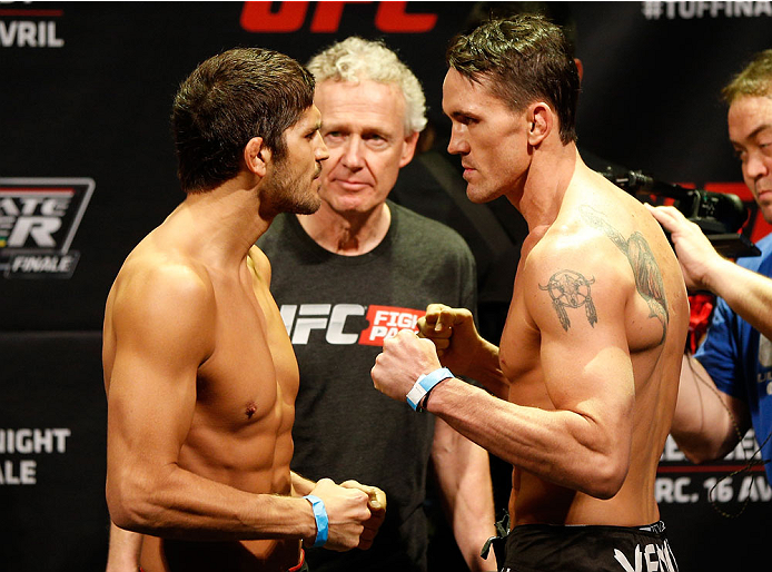 QUEBEC CITY, CANADA - APRIL 15: (L-R) Opponents Patrick Cote and Kyle Noke face off during the TUF Nations Finale weigh-in at Colisee Pepsi on April 15, 2014 in Quebec City, Quebec, Canada. (Photo by Josh Hedges/Zuffa LLC/Zuffa LLC via Getty Images)