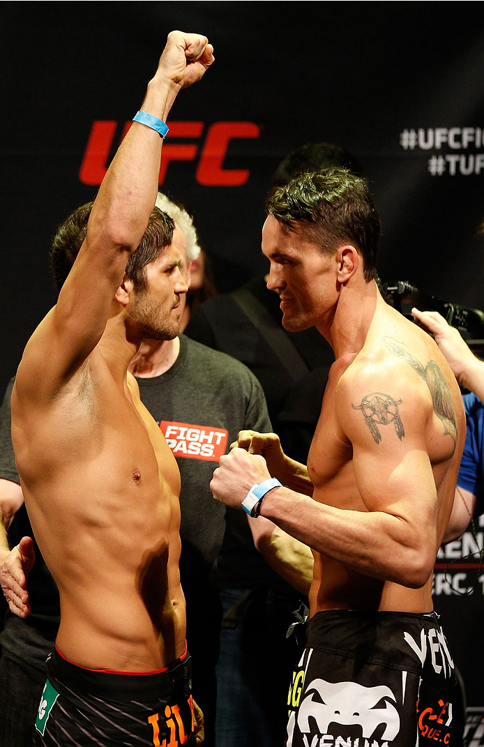 QUEBEC CITY, CANADA - APRIL 15: (L-R) Opponents Patrick Cote and Kyle Noke face off during the TUF Nations Finale weigh-in at Colisee Pepsi on April 15, 2014 in Quebec City, Quebec, Canada. (Photo by Josh Hedges/Zuffa LLC/Zuffa LLC via Getty Images)