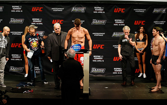 QUEBEC CITY, CANADA - APRIL 15: Michael Bisping weighs in during the TUF Nations Finale weigh-in at Colisee Pepsi on April 15, 2014 in Quebec City, Quebec, Canada. (Photo by Josh Hedges/Zuffa LLC/Zuffa LLC via Getty Images)