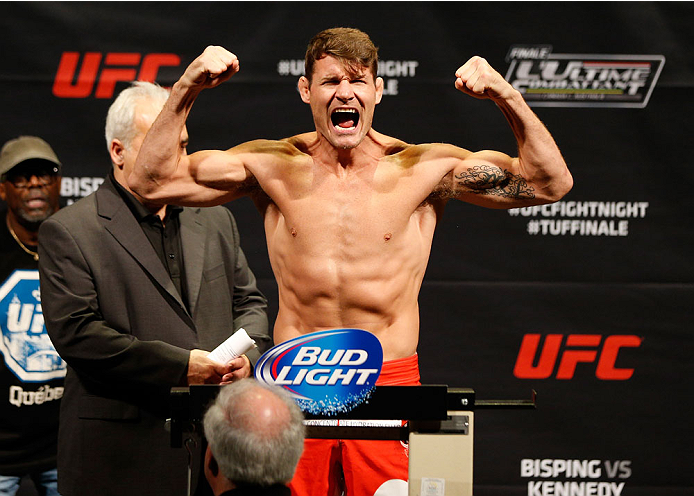QUEBEC CITY, CANADA - APRIL 15: Michael Bisping weighs in during the TUF Nations Finale weigh-in at Colisee Pepsi on April 15, 2014 in Quebec City, Quebec, Canada. (Photo by Josh Hedges/Zuffa LLC/Zuffa LLC via Getty Images)