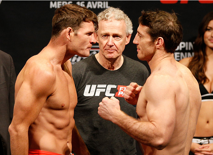 QUEBEC CITY, CANADA - APRIL 15: (L-R) Opponents Michael Bisping and Tim Kennedy face off during the TUF Nations Finale weigh-in at Colisee Pepsi on April 15, 2014 in Quebec City, Quebec, Canada. (Photo by Josh Hedges/Zuffa LLC/Zuffa LLC via Getty Images)