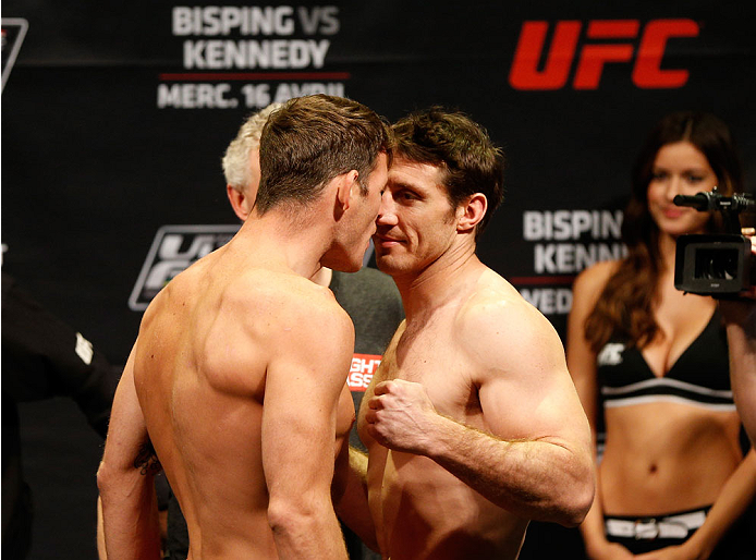 QUEBEC CITY, CANADA - APRIL 15: (L-R) Opponents Michael Bisping and Tim Kennedy face off during the TUF Nations Finale weigh-in at Colisee Pepsi on April 15, 2014 in Quebec City, Quebec, Canada. (Photo by Josh Hedges/Zuffa LLC/Zuffa LLC via Getty Images)