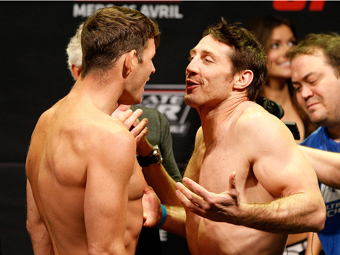 QUEBEC CITY, CANADA - APRIL 15: (L-R) Opponents Michael Bisping and Tim Kennedy face off during the TUF Nations Finale weigh-in at Colisee Pepsi on April 15, 2014 in Quebec City, Quebec, Canada. (Photo by Josh Hedges/Zuffa LLC/Zuffa LLC via Getty Images)