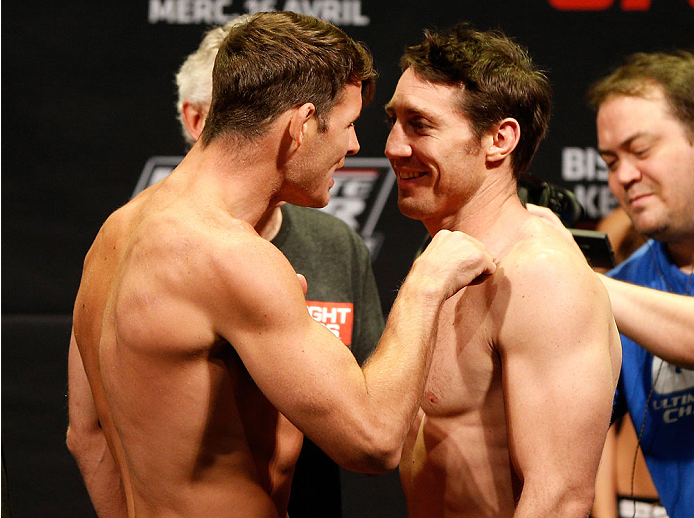 QUEBEC CITY, CANADA - APRIL 15: (L-R) Opponents Michael Bisping and Tim Kennedy face off during the TUF Nations Finale weigh-in at Colisee Pepsi on April 15, 2014 in Quebec City, Quebec, Canada. (Photo by Josh Hedges/Zuffa LLC/Zuffa LLC via Getty Images)