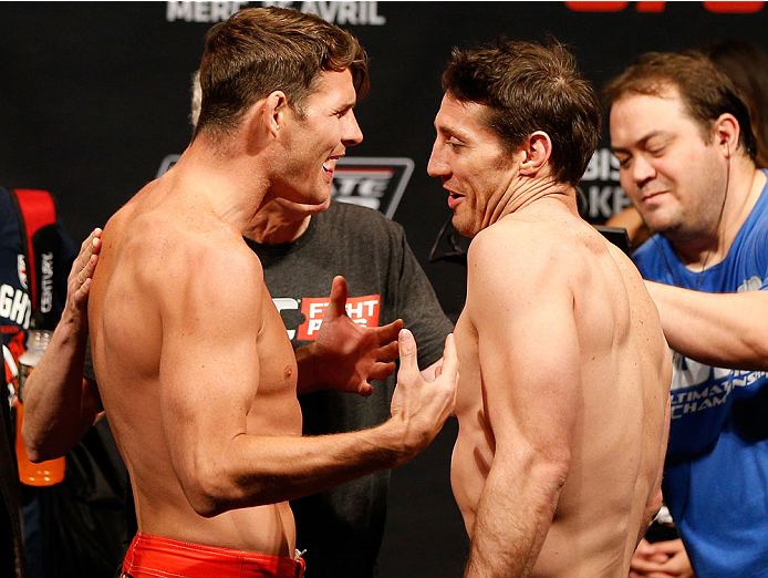QUEBEC CITY, CANADA - APRIL 15: (L-R) Opponents Michael Bisping and Tim Kennedy face off during the TUF Nations Finale weigh-in at Colisee Pepsi on April 15, 2014 in Quebec City, Quebec, Canada. (Photo by Josh Hedges/Zuffa LLC/Zuffa LLC via Getty Images)