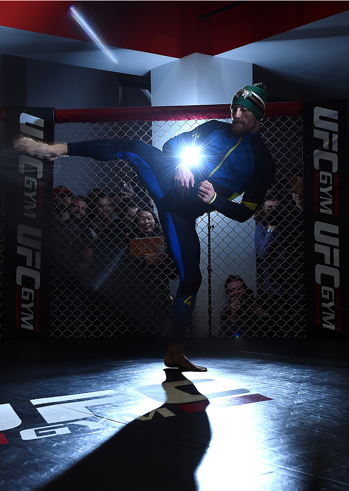BOSTON, MA - JANUARY 15: UFC featherweight Conor McGregor of Ireland holds an open training session for the media and fans at UFC Gym on January 15, 2015 in Boston, Massachusetts. (Photo by Jeff Bottari/Zuffa LLC/Zuffa LLC via Getty Images)