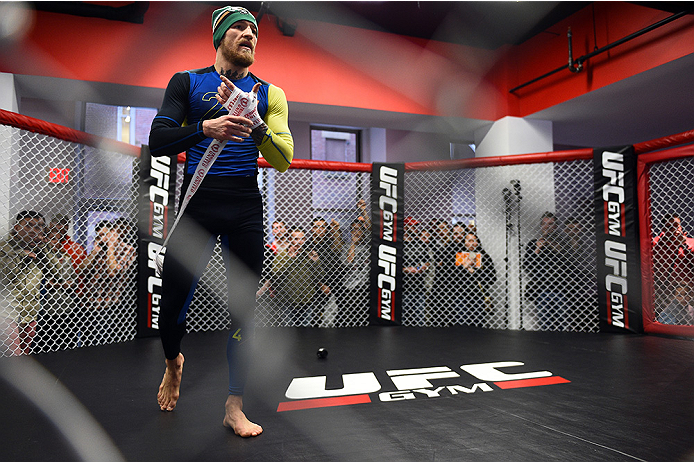 BOSTON, MA - JANUARY 15: UFC featherweight Conor McGregor of Ireland holds an open training session for the media and fans at UFC Gym on January 15, 2015 in Boston, Massachusetts. (Photo by Jeff Bottari/Zuffa LLC/Zuffa LLC via Getty Images)