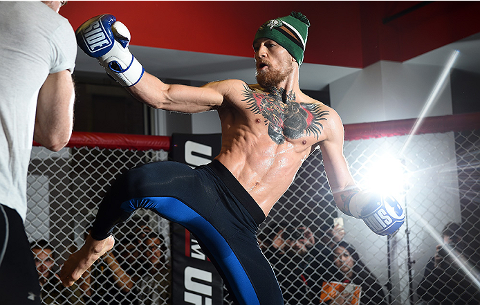 BOSTON, MA - JANUARY 15: UFC featherweight Conor McGregor of Ireland holds an open training session for the media and fans at UFC Gym on January 15, 2015 in Boston, Massachusetts. (Photo by Jeff Bottari/Zuffa LLC/Zuffa LLC via Getty Images)