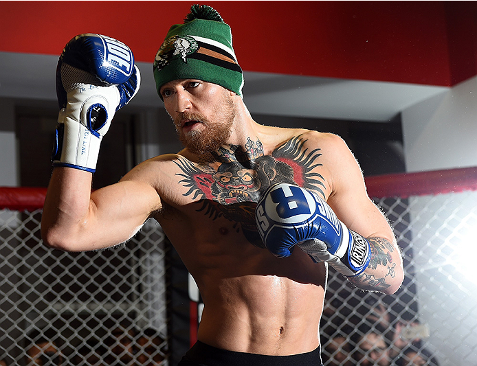 BOSTON, MA - JANUARY 15: UFC featherweight Conor McGregor of Ireland holds an open training session for the media and fans at UFC Gym on January 15, 2015 in Boston, Massachusetts. (Photo by Jeff Bottari/Zuffa LLC/Zuffa LLC via Getty Images)