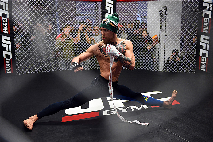 BOSTON, MA - JANUARY 15: UFC featherweight Conor McGregor of Ireland holds an open training session for the media and fans at UFC Gym on January 15, 2015 in Boston, Massachusetts. (Photo by Jeff Bottari/Zuffa LLC/Zuffa LLC via Getty Images)