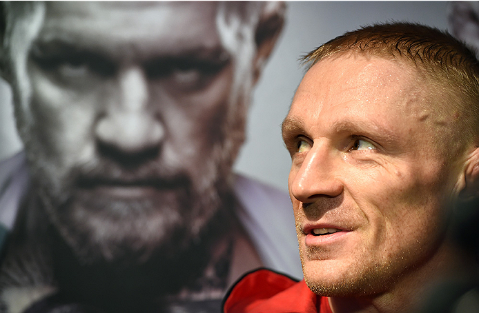 BOSTON, MA - JANUARY 15: UFC featherweight Dennis Siver of Germany speaks to the media after an open training session at UFC Gym on January 15, 2015 in Boston, Massachusetts. (Photo by Jeff Bottari/Zuffa LLC/Zuffa LLC via Getty Images)