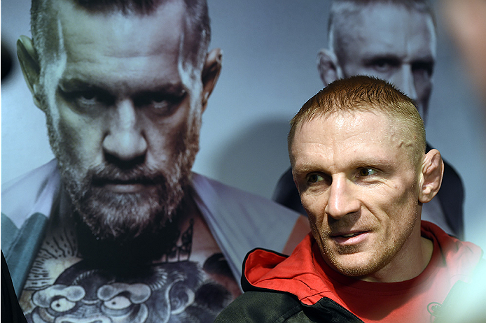 BOSTON, MA - JANUARY 15: UFC featherweight Dennis Siver of Germany speaks to the media after an open training session at UFC Gym on January 15, 2015 in Boston, Massachusetts. (Photo by Jeff Bottari/Zuffa LLC/Zuffa LLC via Getty Images)