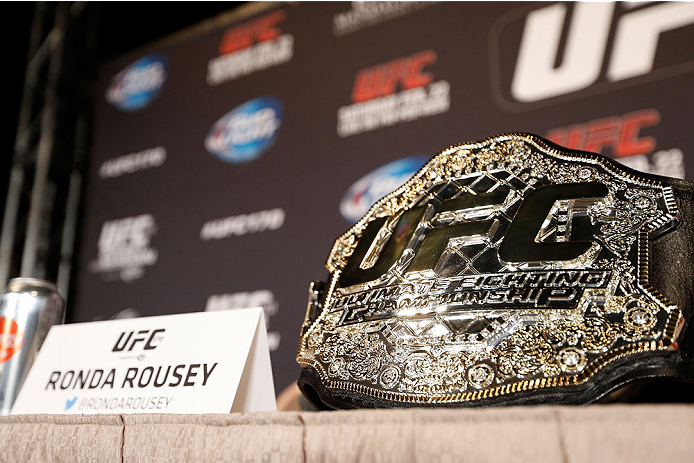LAS VEGAS, NV - FEBRUARY 20: Ronda Rousey's UFC women's bantamweight championship belt is seen sitting on a table before the final UFC 170 pre-fight press conference at the Mandalay Bay Resort and Casino on February 20, 2014 in Las Vegas, Nevada. (Photo