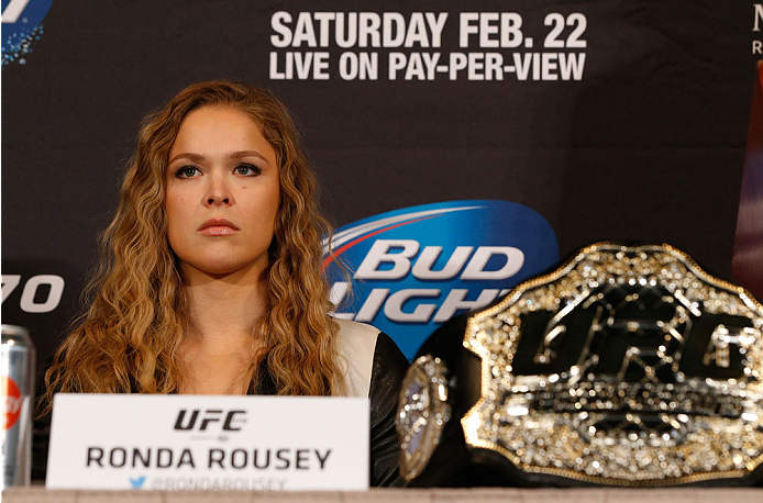 LAS VEGAS, NV - FEBRUARY 20: Ronda Rousey interacts with media during the final UFC 170 pre-fight press conference at the Mandalay Bay Resort and Casino on February 20, 2014 in Las Vegas, Nevada. (Photo by Josh Hedges/Zuffa LLC/Zuffa LLC via Getty Images