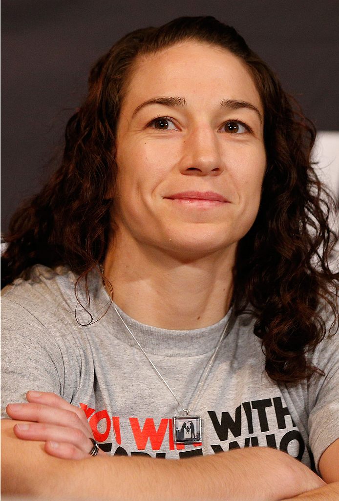 LAS VEGAS, NV - FEBRUARY 20: Sara McMann interacts with media during the final UFC 170 pre-fight press conference at the Mandalay Bay Resort and Casino on February 20, 2014 in Las Vegas, Nevada. (Photo by Josh Hedges/Zuffa LLC/Zuffa LLC via Getty Images)