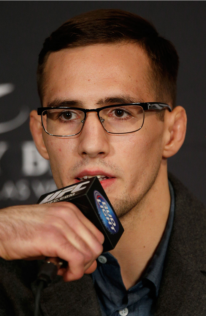 LAS VEGAS, NV - FEBRUARY 20: Rory MacDonald interacts with media during the final UFC 170 pre-fight press conference at the Mandalay Bay Resort and Casino on February 20, 2014 in Las Vegas, Nevada. (Photo by Josh Hedges/Zuffa LLC/Zuffa LLC via Getty Imag