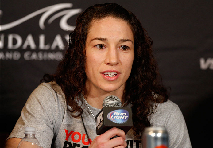 LAS VEGAS, NV - FEBRUARY 20: Sara McMann interacts with media during the final UFC 170 pre-fight press conference at the Mandalay Bay Resort and Casino on February 20, 2014 in Las Vegas, Nevada. (Photo by Josh Hedges/Zuffa LLC/Zuffa LLC via Getty Images)