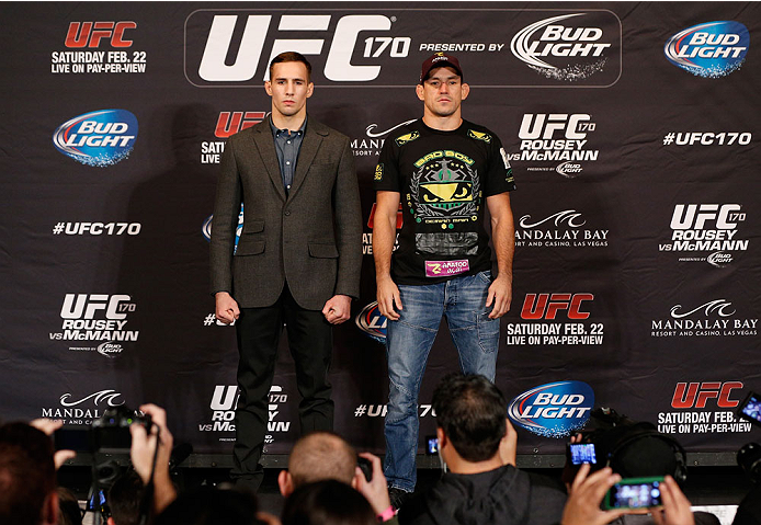 LAS VEGAS, NV - FEBRUARY 20: (L-R) Opponents Rory MacDonald and Demian Maia pose for photos during the final UFC 170 pre-fight press conference at the Mandalay Bay Resort and Casino on February 20, 2014 in Las Vegas, Nevada. (Photo by Josh Hedges/Zuffa L