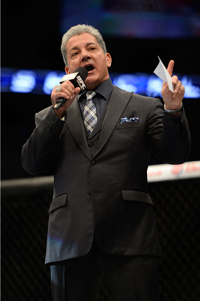 VANCOUVER, BC - JUNE 14: UFC Octagon Announcer Bruce Buffer introduces Josh Shockley during the UFC 174 event at Rogers Arena on June 14, 2014 in Vancouver, British Columbia, Canada. (Photo by Jeff Bottari/Zuffa LLC/Zuffa LLC via Getty Images)