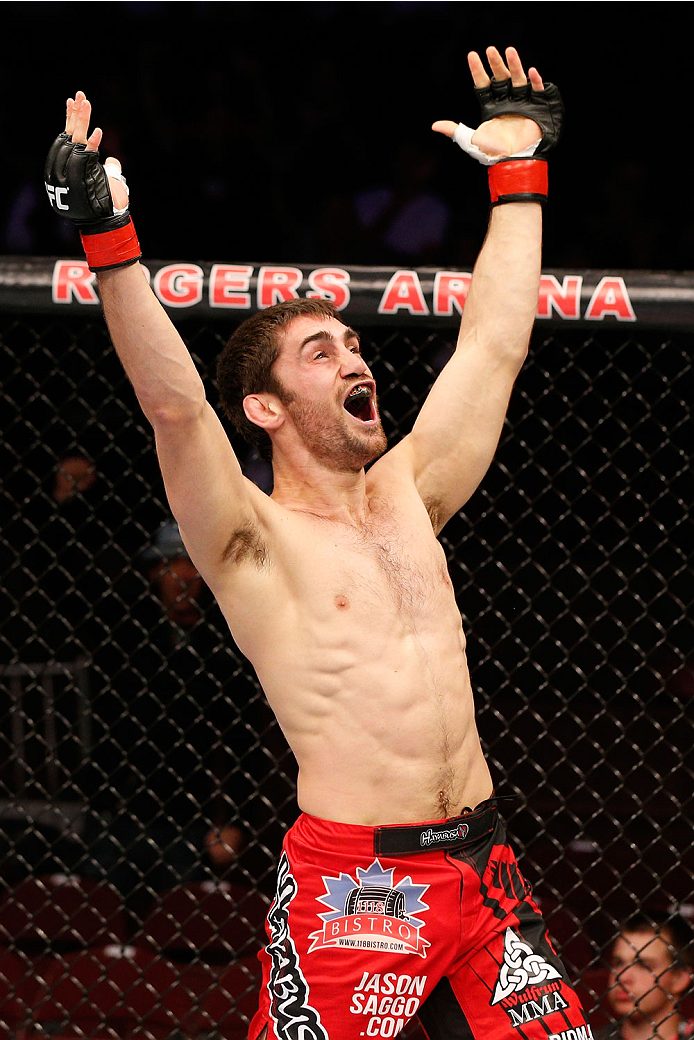 VANCOUVER, BC - JUNE 14: Jason Saggo reacts after his TKO victory over Josh Shockley in their lightweight bout at Rogers Arena on June 14, 2014 in Vancouver, Canada. (Photo by Josh Hedges/Zuffa LLC/Zuffa LLC via Getty Images)
