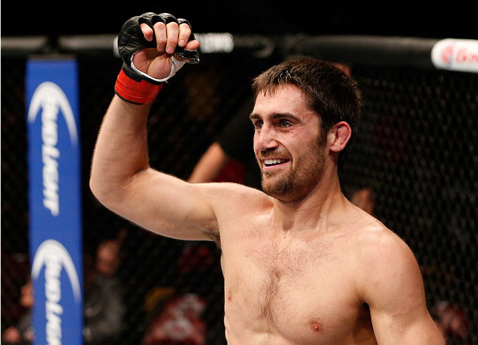 VANCOUVER, BC - JUNE 14: Jason Saggo reacts after his TKO victory over Josh Shockley in their lightweight bout at Rogers Arena on June 14, 2014 in Vancouver, Canada. (Photo by Josh Hedges/Zuffa LLC/Zuffa LLC via Getty Images)