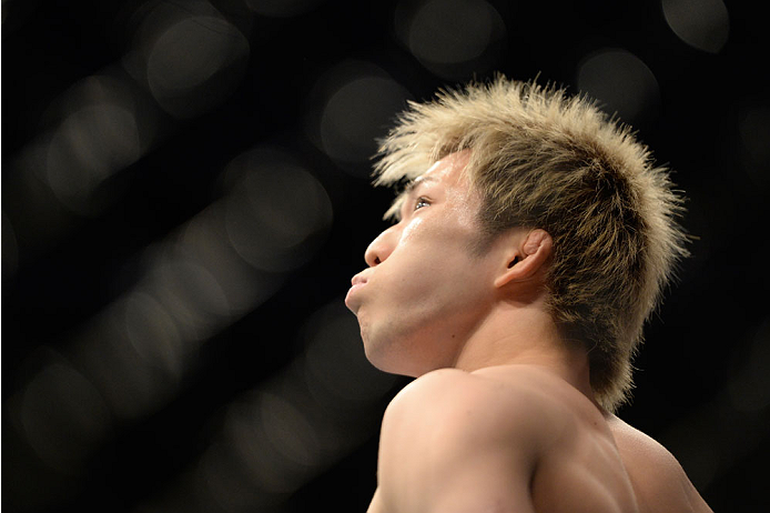 VANCOUVER, BC - JUNE 14: Michinori Tanaka looks to the crowd before facing Roland Delorme during the UFC 174 event at Rogers Arena on June 14, 2014 in Vancouver, British Columbia, Canada. (Photo by Jeff Bottari/Zuffa LLC/Zuffa LLC via Getty Images)