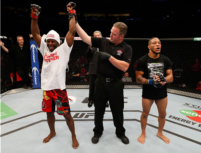 VANCOUVER, BC - JUNE 14: Yves Jabouin reacts after his decision victory over Mike Easton in their bantamweight bout at Rogers Arena on June 14, 2014 in Vancouver, Canada. (Photo by Josh Hedges/Zuffa LLC/Zuffa LLC via Getty Images)
