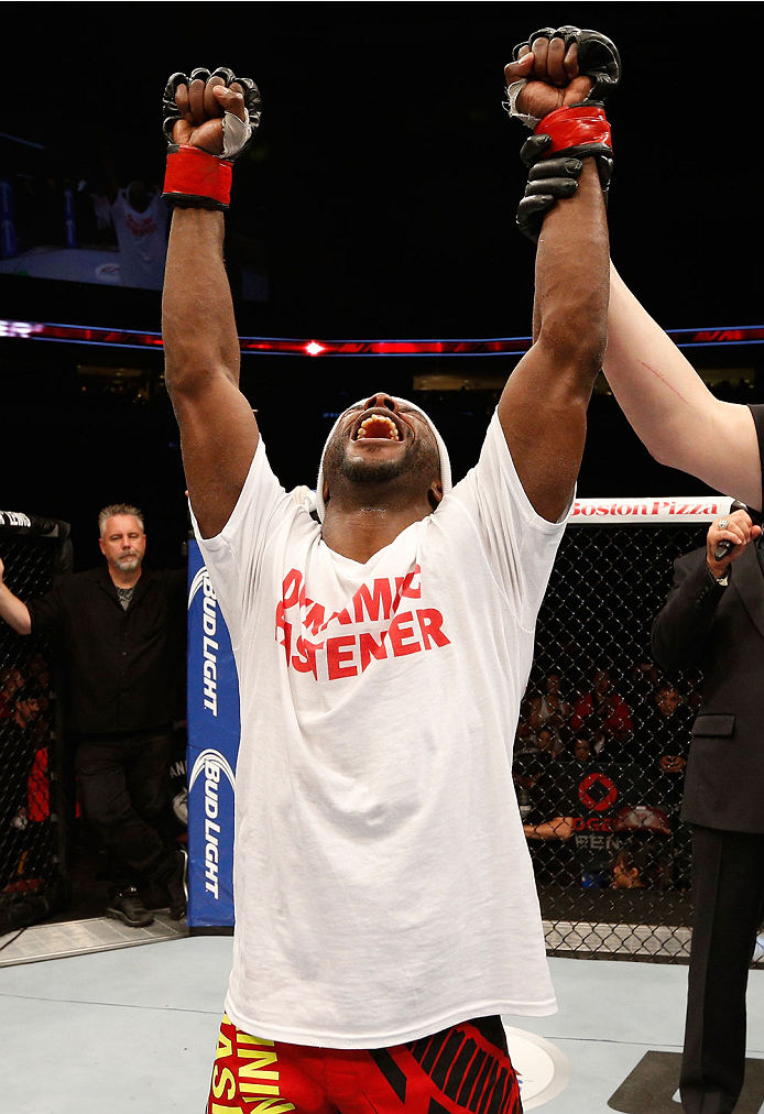 VANCOUVER, BC - JUNE 14: Yves Jabouin reacts after his decision victory over Mike Easton in their bantamweight bout at Rogers Arena on June 14, 2014 in Vancouver, Canada. (Photo by Josh Hedges/Zuffa LLC/Zuffa LLC via Getty Images)